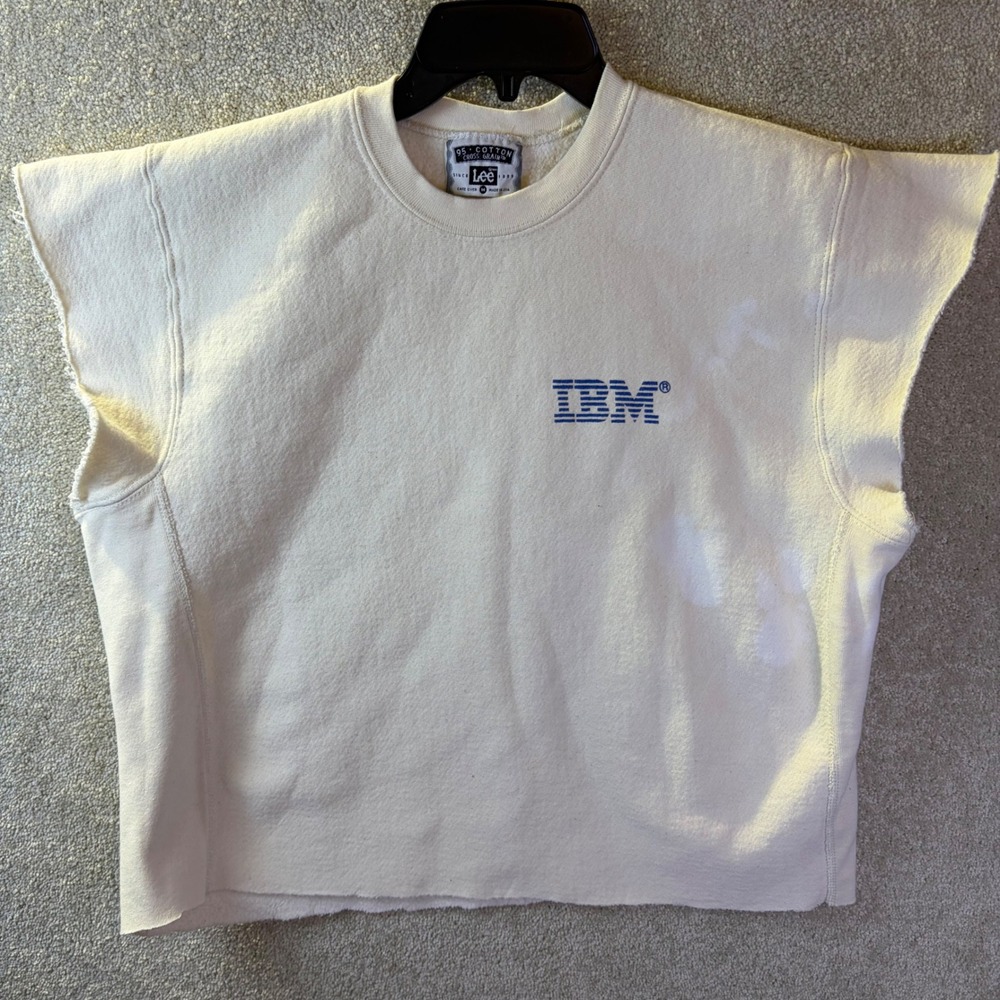 Vintage IBM Sweatshirt Mens Medium White LEE Cut Off Sleeveless Cross Grain USA